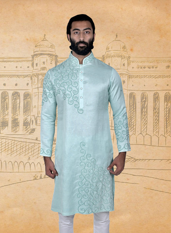 Aqua Linen Silk Embroidered Kurta