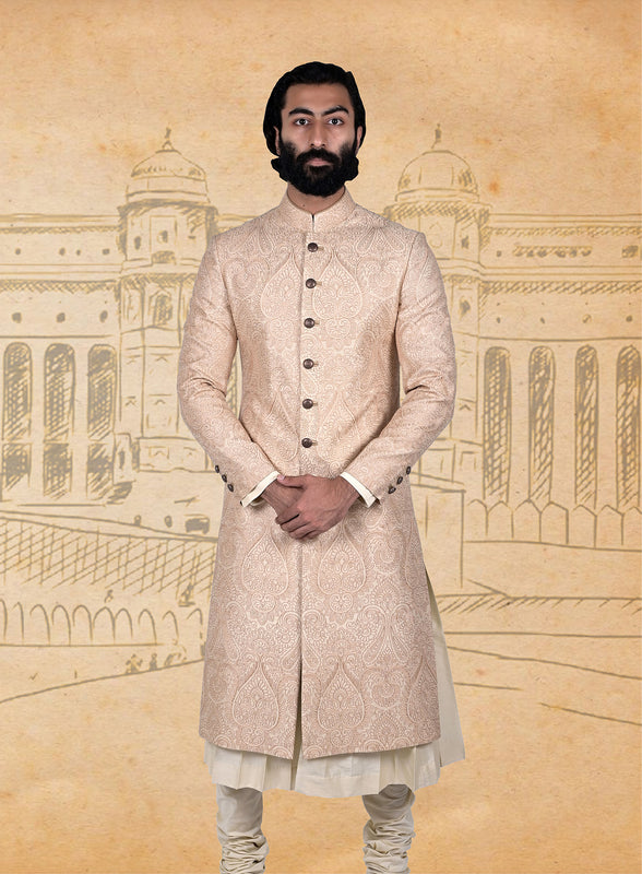 Beige Gold Embroidery Silk Sherwani