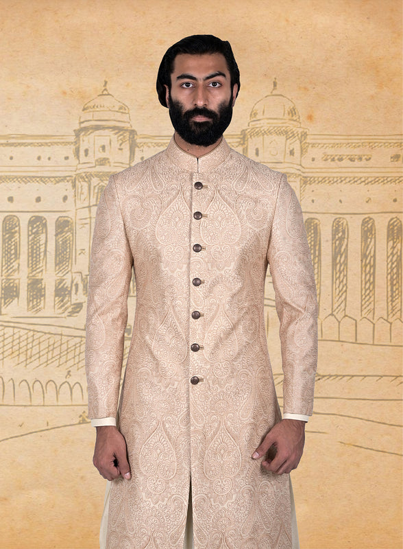 Beige Gold Embroidery Silk Sherwani