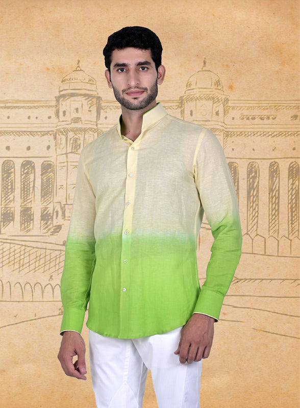 Cream Parrot Green Linen Ombre Shirt