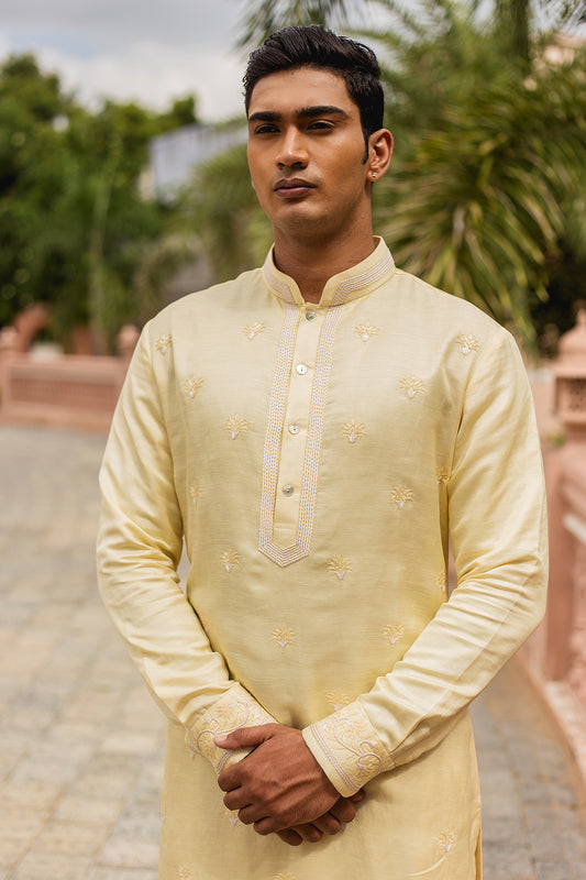 Yellow Linen Silk Embroidered Kurta
