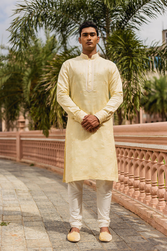 Yellow Linen Silk Embroidered Kurta