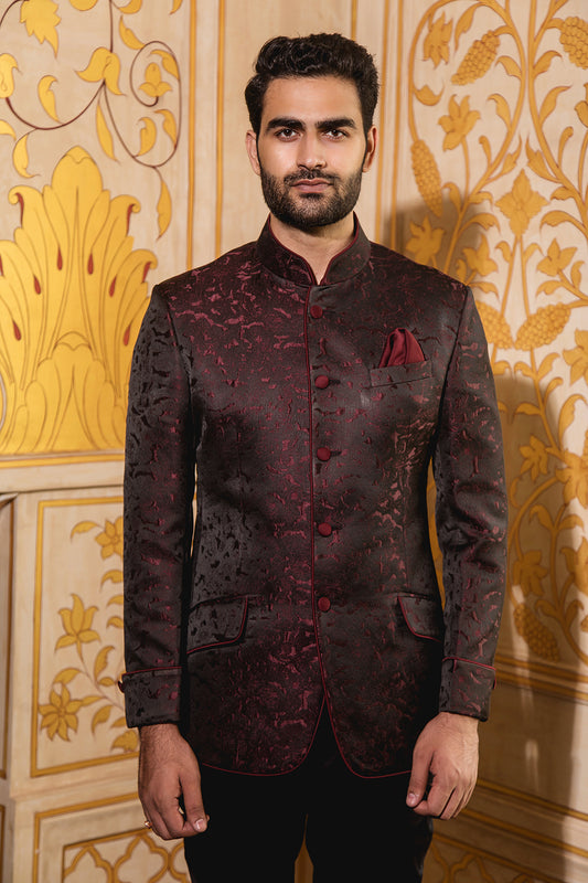 Crimson Black Textured Jodhpuri Bandhgala