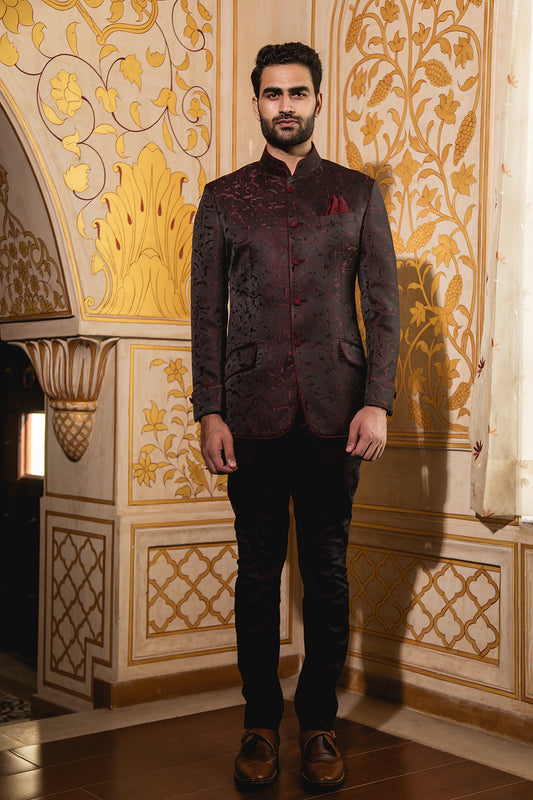 Crimson Black Textured Jodhpuri Bandhgala