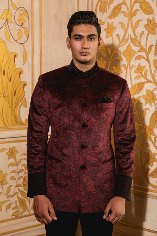Maroon Multi Paisley Printed Velvet Jodhpuri