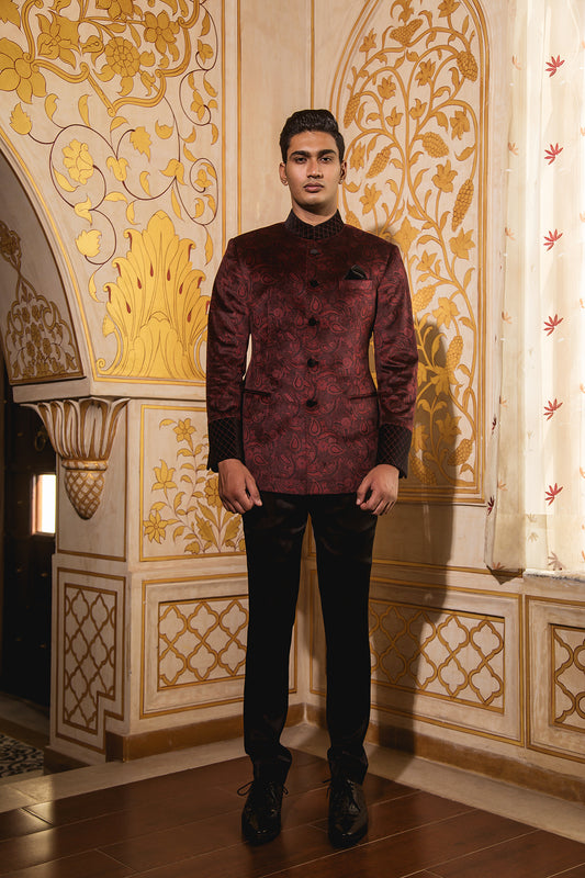 Maroon Multi Paisley Printed Velvet Jodhpuri