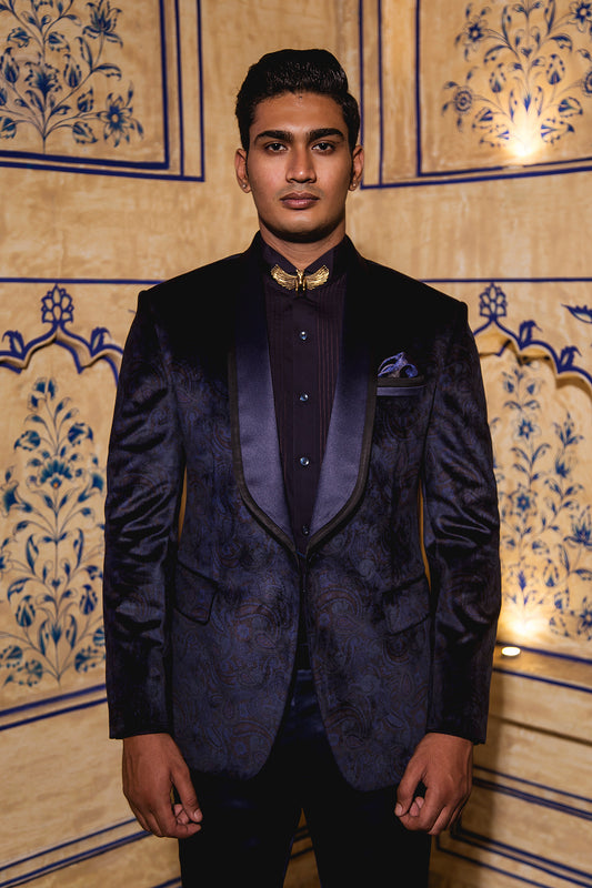 Blue Multi Paisley Printed Velvet Tuxedo