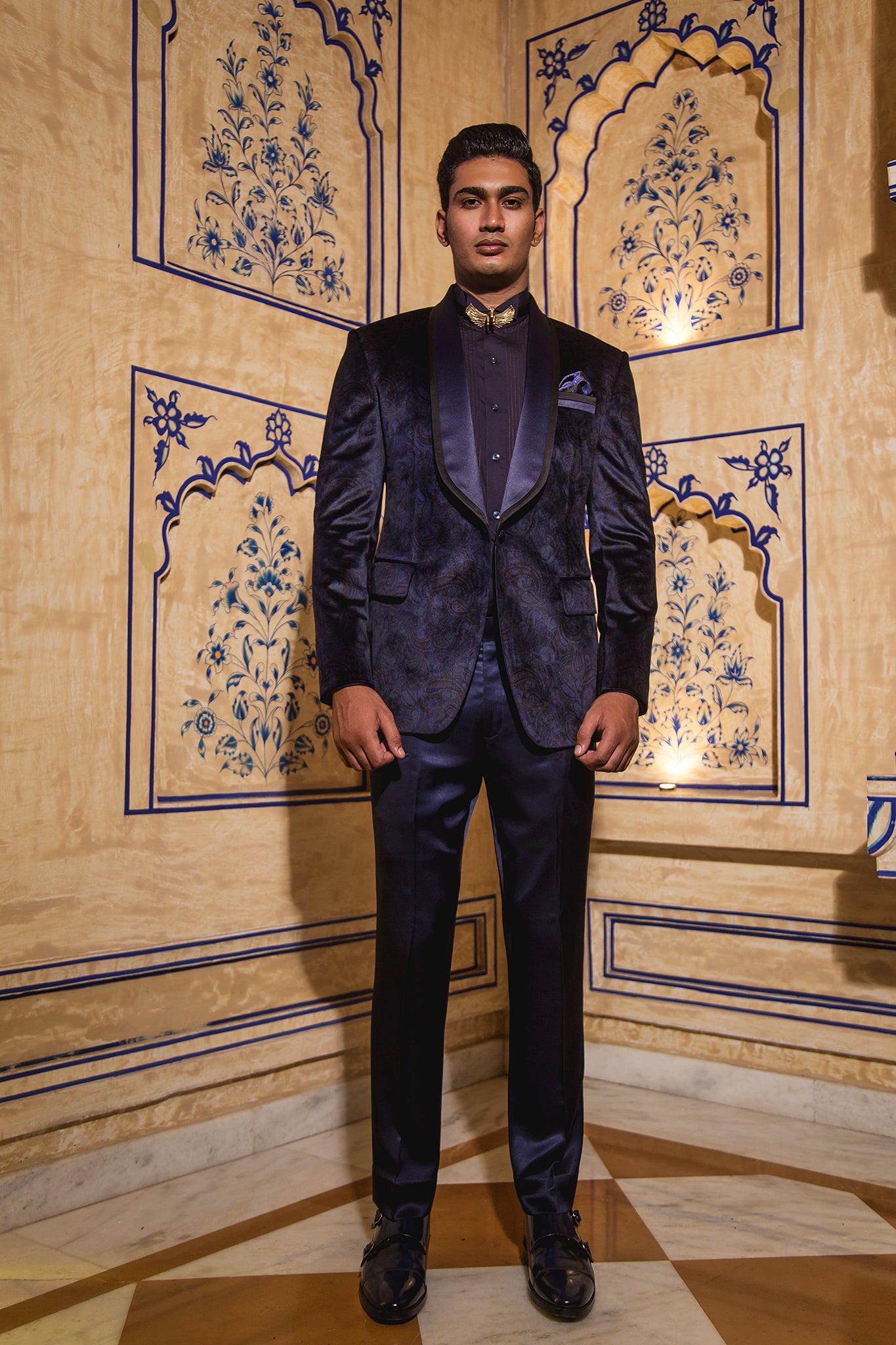 Blue Multi Paisley Printed Velvet Tuxedo - Main Image