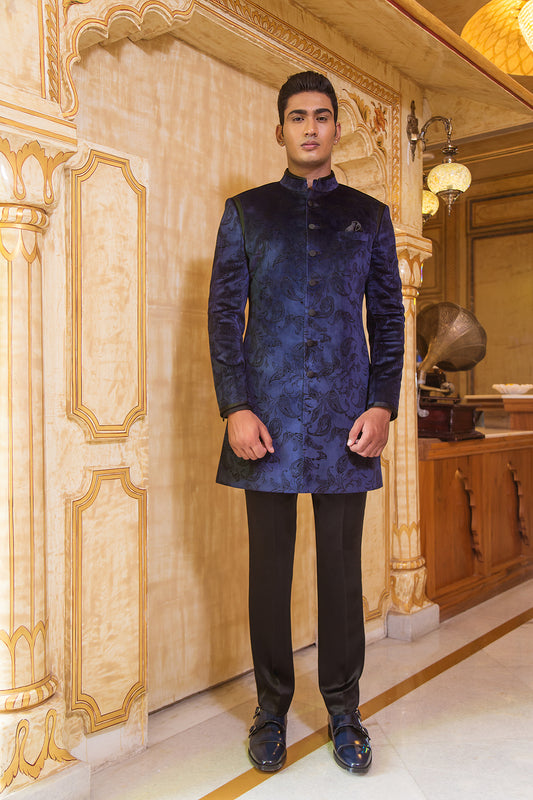 Blue Paisley Embossed Velvet Indowestern