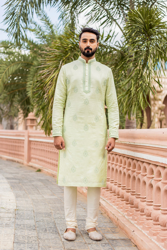 Mint Green Linen Silk Embroidered Kurta