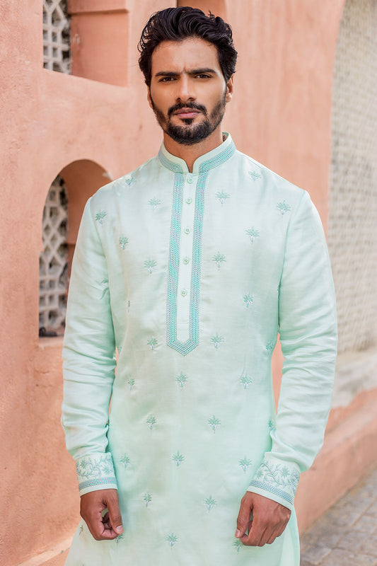 Aqua Linen Silk Embroidered Kurta