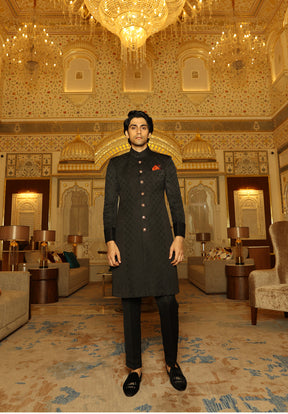 Black Geometric Achkan