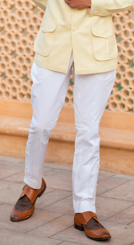 White Slim Fit Cotton Breeches w Side Button